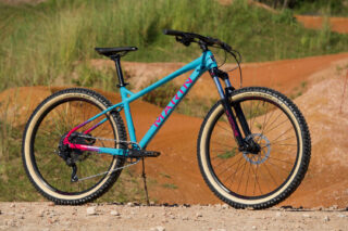 pink and blue san quentin hardtail mountain bike on a bike park